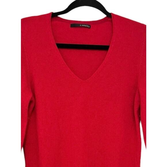Camaieu Valentine's Cherry Red Vneck Cashmere Sweater Sm Classic Chic Minimal - Picture 4 of 9